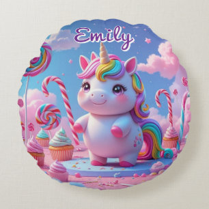 Rund Candy Unicorn Kissen - bestellbarer Name