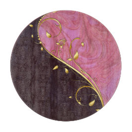 Rund-Gold-Leaf Blühe rosa Burgundy Swirl-Glas Schneidebrett
