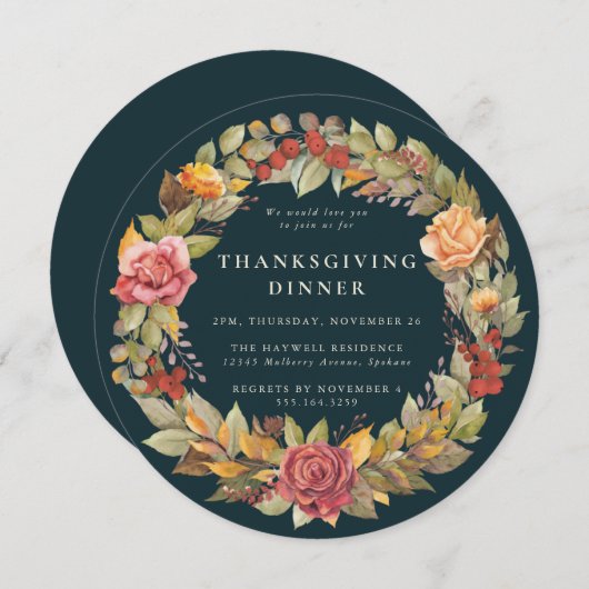 Rund/Platz Autumnal Kerker Erntedank Abendessen Einladung (Vorne/Hinten)