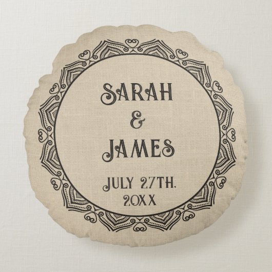 Rund rustikales Hochzeitskissen mit Namen Rundes Kissen (Vorderseite)