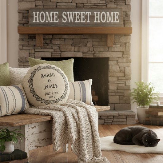 Rund rustikales Hochzeitskissen mit Namen Rundes Kissen