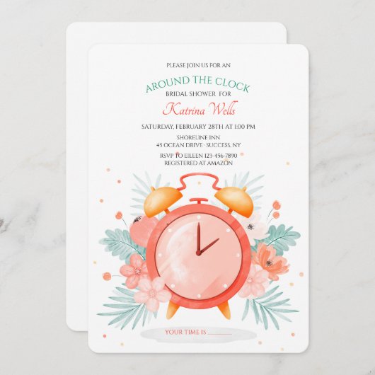 Rund um das Clock-Brautparty Einladung (Vorne/Hinten)