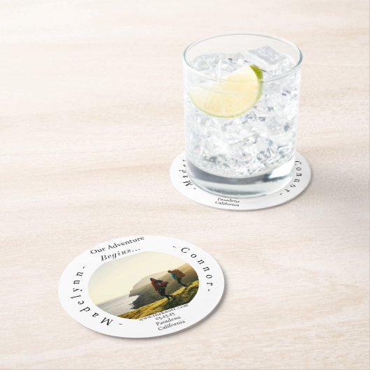 Rund um das Skript-Foto Save the Date Runder Pappuntersetzer (Vor Ort)