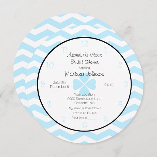 Rund um die Uhr Brautdusche Einladung in Blau (Vorne/Hinten)