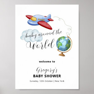 Rund um die Welt Karte Flugzeug Babyparty Willkomm Poster