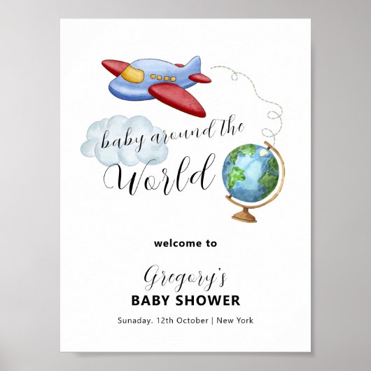 Rund um die Welt Karte Flugzeug Babyparty Willkomm Poster (Vorne)