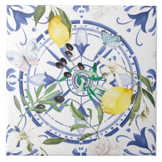 Rund,verziert,spanisch,mediterran,Zitrone, Fliese (Vorderseite)