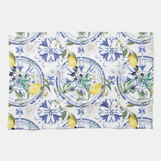 Rund,verziert,spanisch,mediterran,Zitrone, Geschirrtuch (Horizontal)
