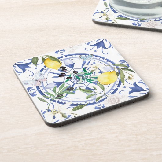 Rund,verziert,spanisch,mediterran,Zitrone, Getränkeuntersetzer (Linke Seite)