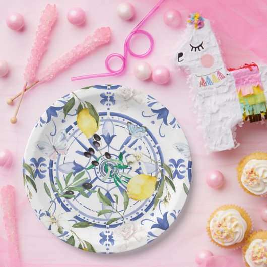 Rund,verziert,spanisch,mediterran,Zitrone, Pappteller (Party)