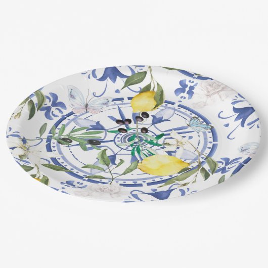 Rund,verziert,spanisch,mediterran,Zitrone, Pappteller (Schrägansicht)