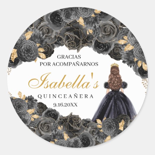 Runde Aufkleber für Schwarz und Gold-Floral-Quince (Vorderseite)