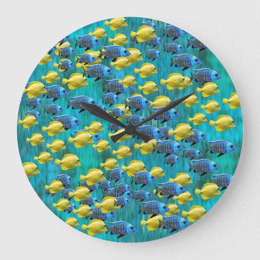 Runde blaue und gelbe Fliegenhalterung Große Wanduhr (Vorderseite)