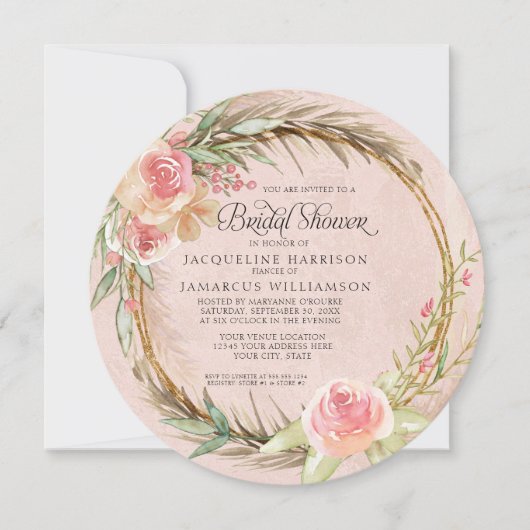 Runde BOHO Floral Pampas Pink Aquarellbrand Einladung (Vorderseite)