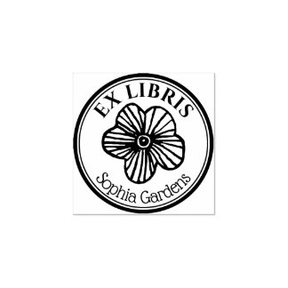 Runde Ex Libris - Blume mit Handzeichnung Gummistempel