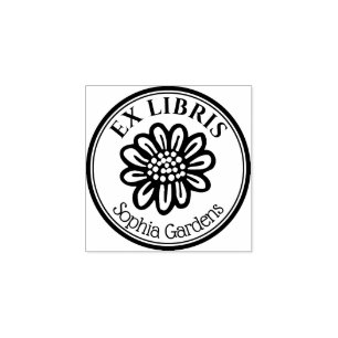Runde Ex Libris - Blume mit Handzeichnung Gummistempel
