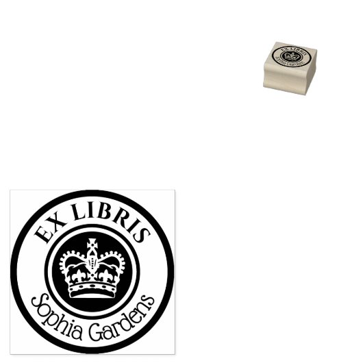 Runde Ex Libris Krone (weiß auf schwarz) Gummistempel (Stempel)