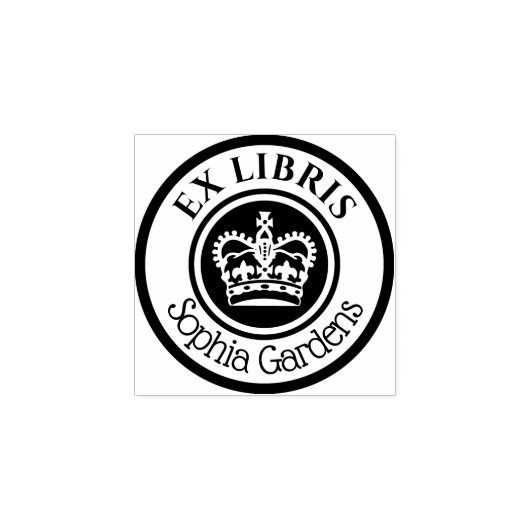 Runde Ex Libris Krone (weiß auf schwarz) Gummistempel (Prägung)
