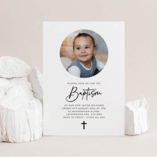 Runde Foto Minimalistische Taufe Einladung