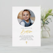 Runde Foto Minimalistische Taufe - Gold Folieneinladung (Stehend vorne)
