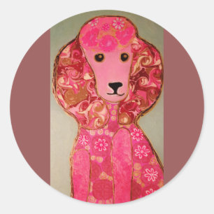 Runde, glänzende Aufkleber mit rosa Poodle Hund