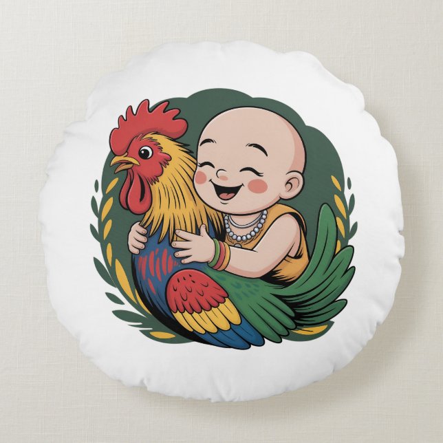 Runde Kissen | Chloe Baby hugs the Rooster (Vorderseite)