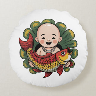 Runde Kissen | Niedlicher Junge mit Lucky Koi