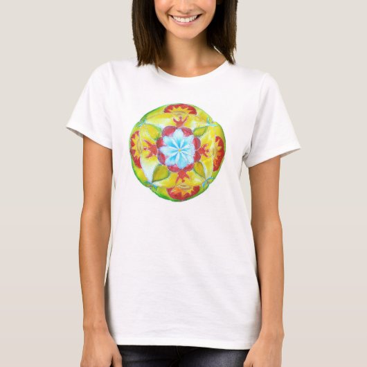 Runde Mandala, blaue Blume, Frieden, Einheit T-Shirt (Vorderseite)