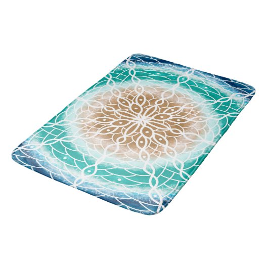 Runde Meereswellen Aquamarin und Türkis Mandala Badematte (Schrägansicht)