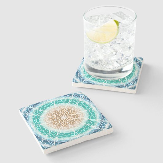 Runde Meereswellen Aquamarin und Türkis Mandala Steinuntersetzer (Seitenansicht)