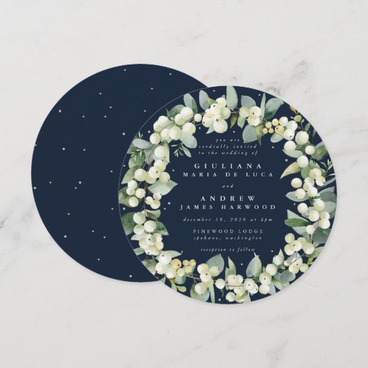 Runde Navy Snowberry+Eucalyptus Wreath Wedding Einladung (Vorne/Hinten)