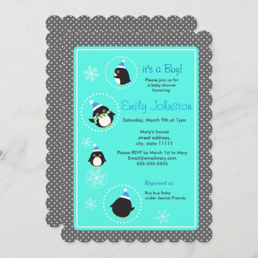 Runde Pinguine Kinderdusche 5 x 7 Einladung (Vorne/Hinten)