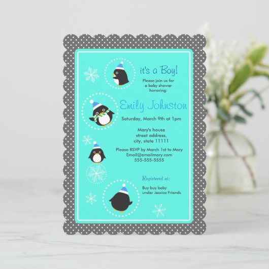 Runde Pinguine Kinderdusche 5 x 7 Einladung (Stehend Vorderseite)