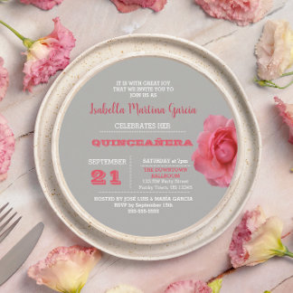 Runde Rose Gray Quinceañera Einladung