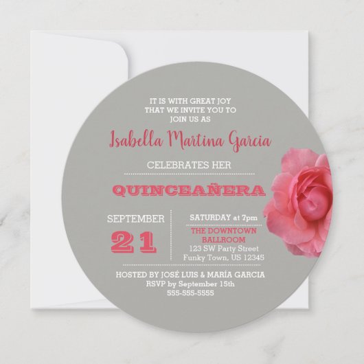 Runde Rose Gray Quinceañera Einladung (Vorderseite)