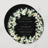 Runde Schwarze Snowberry+Eukalyptus Wreath Wedding Einladung (Vorne/Hinten)