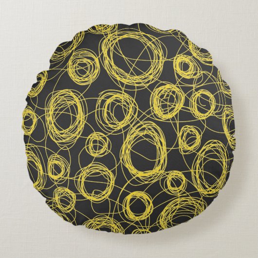 Runde Skribbles Gelb und Schwarz Rundes Kissen (Vorderseite)
