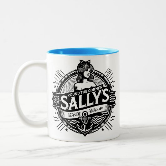 Runde um das Ecke Sally's Seaside Alehouse Zweifarbige Tasse (Links)