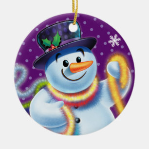 Runde Weihnachtsbaumdekoration Snowman & tinsel. Keramik Ornament