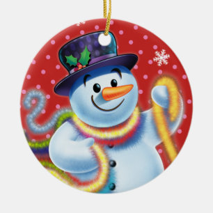 Runde Weihnachtsbaumdekoration Snowman & tinsel. Keramik Ornament