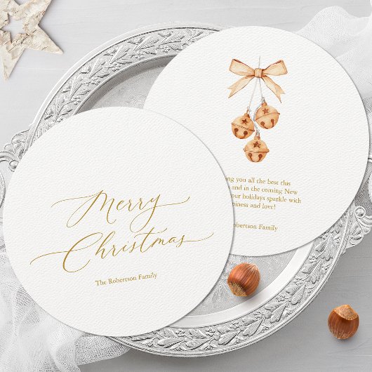 Runde Weihnachtskarte mit Gold Script und Glocken Einladung