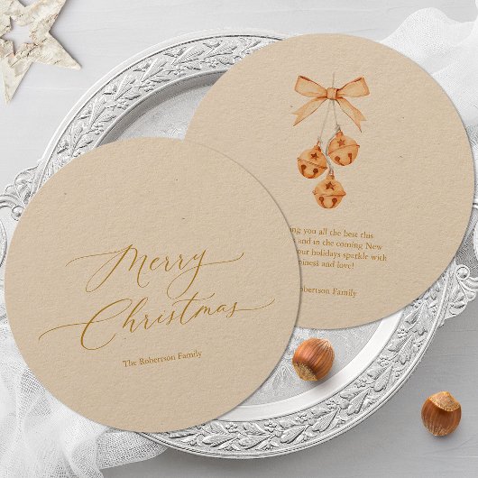 Runde Weihnachtskarte mit Gold Script und Glocken Einladung