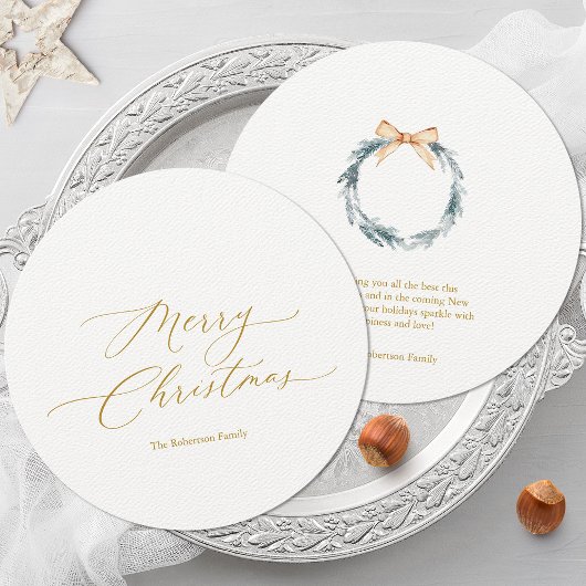 Runde Weihnachtskarte mit Gold-Script und Kranz Einladung