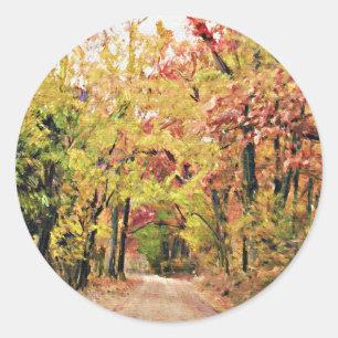 Runder Aufkleber mit Herbst-Land-Straßen-Szene