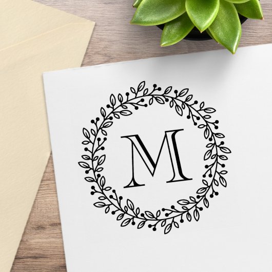 Runder botanischer Beerenkranz-Monogramm-Initial Gummistempel