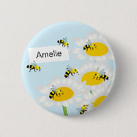Runder Button Bienen auf Blume - Blauer Hintergrun