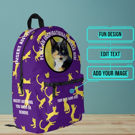Runder Foto und Lila Text Springen Katze Bedruckter Rucksack