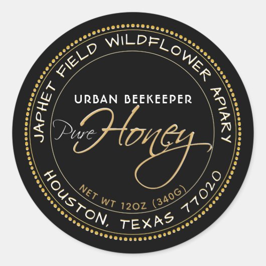 Runder schwarzer Honig mit gepunktetem Gold an der Aufkleber (Vorderseite)