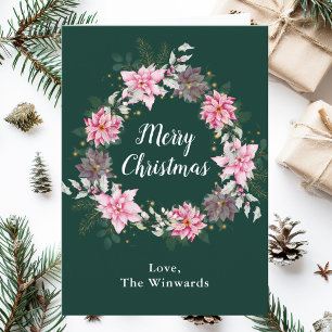 Runder Weihnachtskranz mit rosa Weihnachtssternen  Feiertagskarte