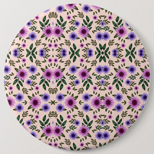 Rundes Blumenmuster mit Lila, Rosa und Blau  Button (Vorderseite)
